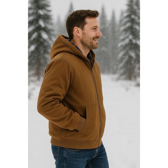 Woolrich Men's XL Canvas Hooded Jacket Plaid Kangaroo Pocket Zipper Hoodie Brown - Picture 10 of 11